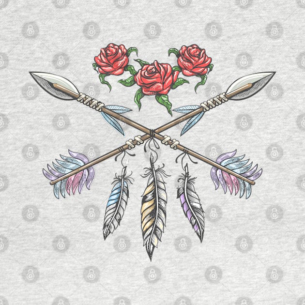 Hand drawn boho style design with rose flower, arrow and feathers by devaleta